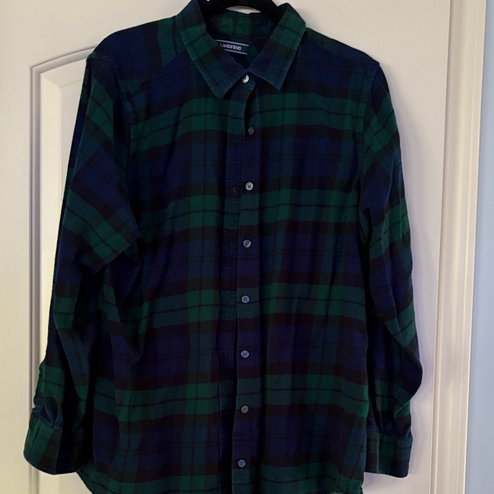 Lands End Navy and Green Plaid Flannel Button Down Shirt Size Women’s 18 W